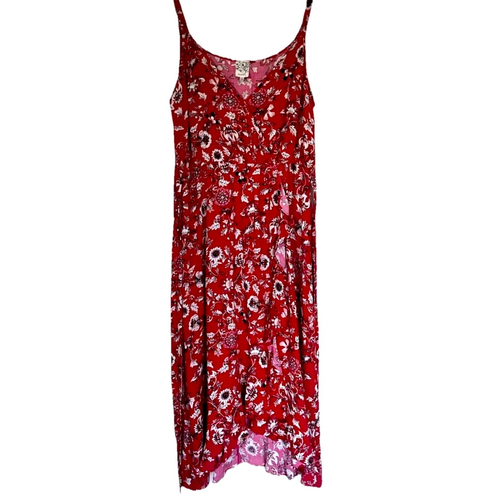 Naif Anthropologie Women's Red Boho High Low Ruffle Floral Wrap Dress Size Large